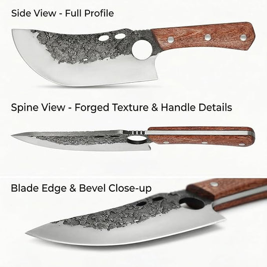 KOFERY Hand Forged Serbian Cleaver Knife with Full Tang 4Cr13 High Carbon Steel, Viking Butcher Knife for Meat Chopping, Outdoor Camp Cooking & BBQ with Leather Sheath & Sharpener