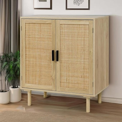 Finnhomy Sideboard Buffet Cabinet, Kitchen Storage Sideboard with Rattan Decorated Doors, Liquor Coffee Buffet, Dining Room, Hallway, Console Table, Accent Cabinet, 31.5X 15.8X 34.6 Inches, Natural