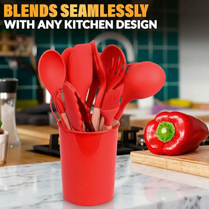12 Pcs Red Kitchen Accessories with Holder for Nonstick Cookware | Silicone Cooking Utensils Set for BBQ; Heat-Resistant Tools with Wooden Handles for Baking, Serving, Frying, and Mixing