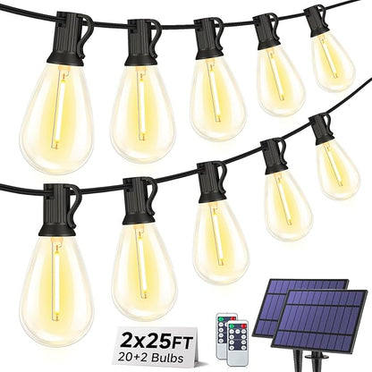 50FT(2x25FT) Solar String Lights with Remote, 3 Lighting Mode Outdoor Waterproof Dimmable Patio Lights String with 10+1 Shatterproof S11 LED Bulbs for Backyard-Black
