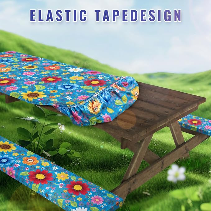 Cinrobiye 3PCS Floral Picnic Table Cover Set Fitted Elastic Waterproof Tablecloth with Bench Covers Blue Flower Camping Table Cover for Outdoor Picnic Camping Backyard BBQ 72 x 30 Inch