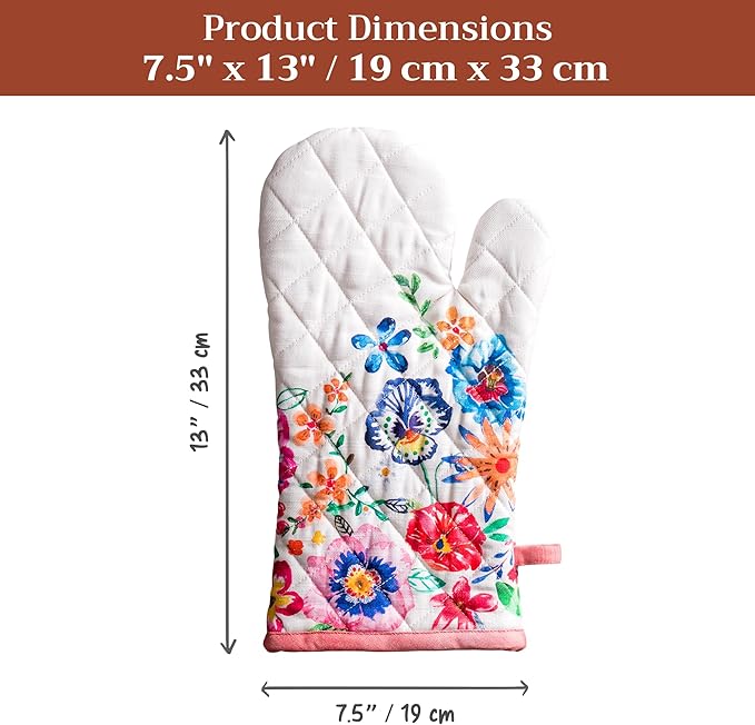 Maison d'Hermine Oven Gloves 100% Cotton Oven Mitt 7" x 13" with Loop Heat Resistant Cooking Gloves Baking Grilling Kitchen Hotel Home Farmhouse Spring Summer(Pack of 1, Happy Florals - High Summer)