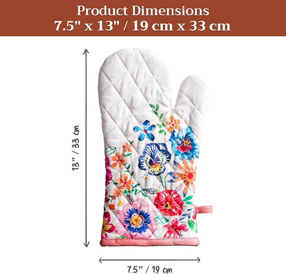Maison d'Hermine Oven Gloves 100% Cotton Oven Mitt 7" x 13" with Loop Heat Resistant Cooking Gloves Baking Grilling Kitchen Hotel Home Farmhouse Spring Summer(Pack of 1, Happy Florals - High Summer)