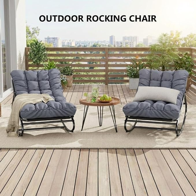 Garvee Outdoor Papasan Rocking Chair, Oversized Metal Frame Egg Rocker with Thick Waterproof Cushion, 450 lbs, Comfy Lounge for Patio, Porch, Garden, Living Room, Dark Gray