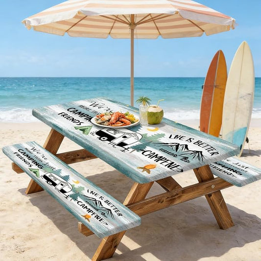 Happy Camper Picnic Table Cover with Bench Covers Elastic Edges, Wooden Camper Fitted Table Cover, Outdoor Patio Camping Essentials 60 Inch 3PCS, Waterproof Camping Tablecloth with Drawstring Bag