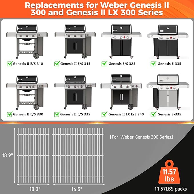QuliMetal 18.75" SUS304 Grill Grates for Weber Genesis Ii 300 and II LX 300 Series Grills, Genesis 2 E&S 310 315 320 325 340, Replacement Parts for Weber 66095 66802 66805
