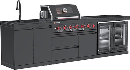 SERA C 4-Burner Propane 3-Piece Modular Outdoor Kitchen Black Set | Black 304 stainless steel, 75,300 BTU + side, 115L double fridge, dual sink, soft-close, locking casters, patio backyard