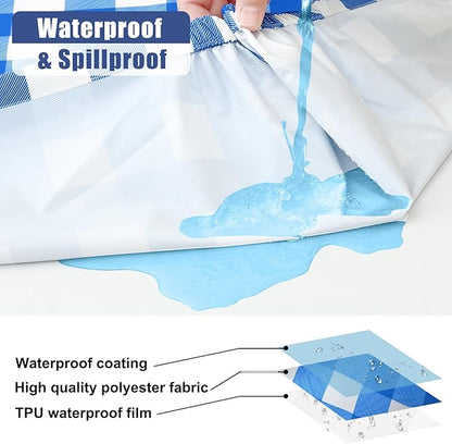 Smiry Picnic Table Cloth 2 Pack, Waterproof Elastic Fitted Tablecloths for 18x72 Rectangle Tables, Washable Polyester Buffalo Plaid Tablecloth for Camping, Dining & Outdoor (Blue & White, 18" x 72")