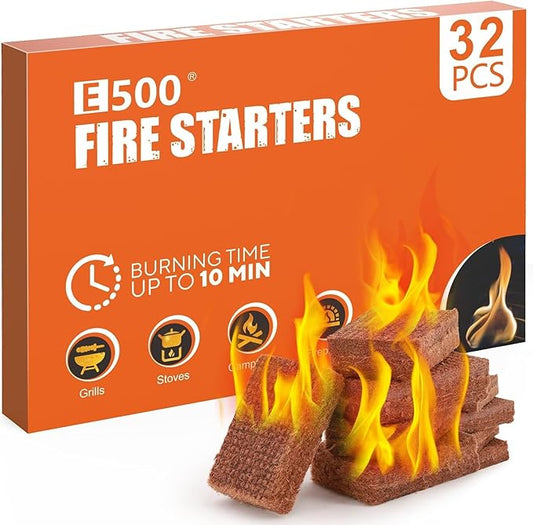 E500 Fire Starter - Natural Fire Starters for Fireplace, Campfires, Chimney, BBQ, Fire Pit & Wood Fireplace - 32 Cubes Natural Pine Firestarter