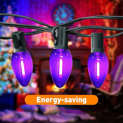 C7 Christmas Lights, Led Clear Purple Halloween Outdoor String Lights, 25FT Commercial Grade Patio Light with 27 C7 Bulbs, Hanging Lights for Indoor Outside Porch Xmas Tree Wedding Prom Décor