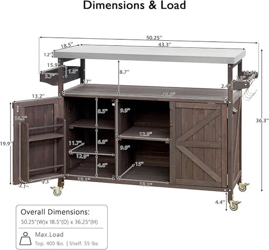 50.25" Outdoor Grill Table with Storage & Locking Wheels | Outdoor grill table,outdoor wood cabinet for grill,kitchen island with storage,steel top,spice rack,prep table for grilling