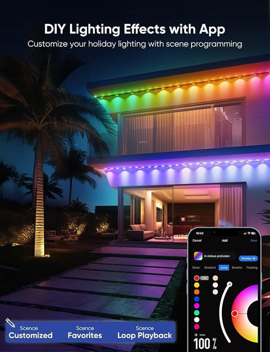 APPECK Permanent Outdoor Lights Pro, 150ft with 108 RGBCW Eaves Lights | Dual Lens, 108W, 80lm, Cuttable, IP67 Waterproof Lighting for Daily and Holiday Decor, Compatible with Alexa, White