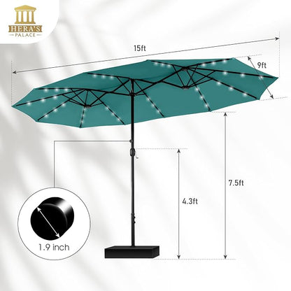 15ft Patio Umbrella with Solar lights & Base, Large Umbrellas, Turquoise | HERA'S PALACE Rectangle Double Market Umbrella with 36 LED Lights, Big Outdoor Umbrellas for Pool Picnic Inground Yard Deck