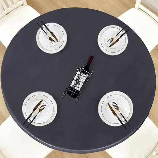 LUSHVIDA Round Waterproof Table Cover Elastic Vinyl Fitted Tablecloth Elastic Edged Plastic Table Cloth (Grey, Best for Up to 36"-44" Round)