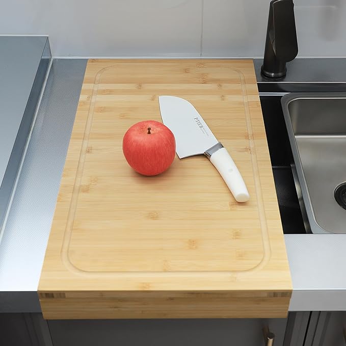 BAMOTTO CRAFTBAMBOO 12.6x22 Inch Bamboo Cutting Board, Over Sink Stove Cover, Detachable Non-Slip Front Lip, Reversible Dual Juice Grooves, Countertop Extension for Small Kitchen RV Camper, 6.04 lbs