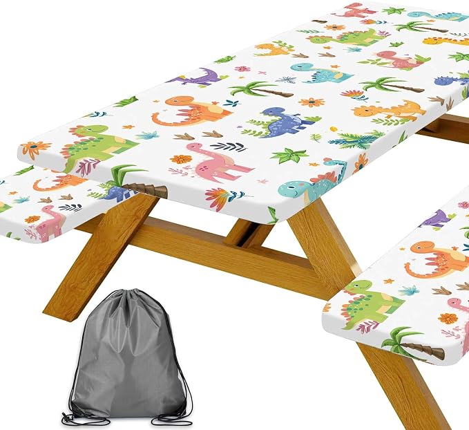 Funny Dinosaur Picnic Table Cover with Bench Covers and Bag, Camping Essentials, Animal Waterproof Windproof Fabric, Fitted Tablecloth Cover with Elastic Edge, for Indoor & Outdoor, 3 PCS, 30x60 Inch