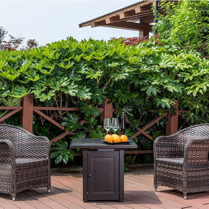 Outdoor Fire Pit Table, 50,000 BTU Gas Firepit, 28 Inch Propane Fireplace for Outside Patio Deck and Garden, CSA Certified Fire Dinning Table with Lid and Lava Rock, Mocha