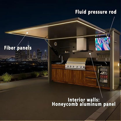 Automated Prefab Outdoor Kitchen Unit - Weatherproof Hydraulic System - Modern BBQ Island with Customizable Configurations