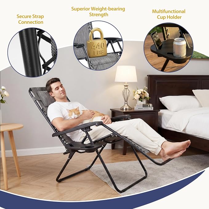 Sweetcrispy Zero Gravity Chairs, Set of 2 Portable Recliner Beach Camping Patio Outdoor Folding Lounge Chair with Cup Holder Trays and Adjustable Pillow for Poolside, Garden, Backyard, Lawn, Grey