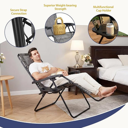 Sweetcrispy Zero Gravity Chairs, Set of 4 Portable Recliner Beach Camping Patio Outdoor Folding Lounge Chair with Cup Holder Trays and Adjustable Pillow for Poolside, Garden, Backyard, Lawn, Grey