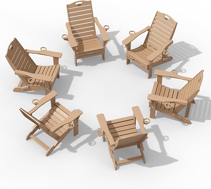 Adjustable Adirondack Chairs Set of 6 with Retractable Ottoman, HDPE Folding Adirondack Chair with Cup Holders, Weather Resistant for Backyard, Poolside & Fire Pit (Teak)