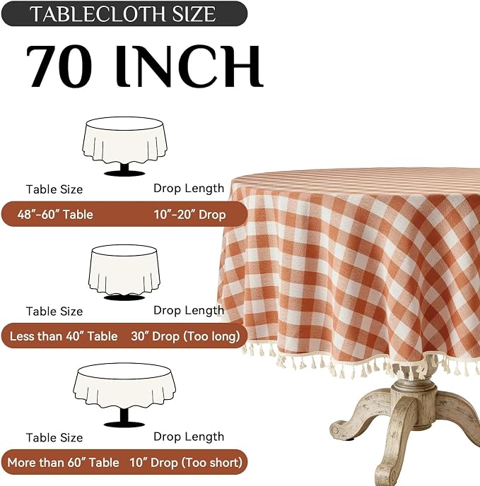 Softalker Fall Checkered Tablecloth 70 x 70 Inch Round, Heavy Weight Linen Cotton Gingham Thanksgiving Orange Table Cloth with Tassel, Wrinkle Free Buffalo Plaid Table Cover for Dining Party