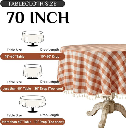 Softalker Fall Checkered Tablecloth 70 x 70 Inch Round, Heavy Weight Linen Cotton Gingham Thanksgiving Orange Table Cloth with Tassel, Wrinkle Free Buffalo Plaid Table Cover for Dining Party