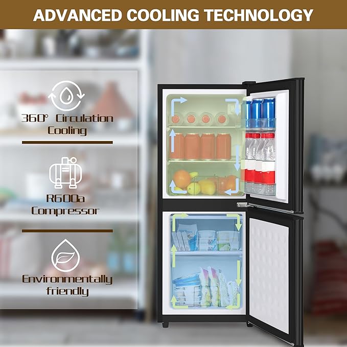 Dorm Size Fridge with Freezer 4.3 Cu. Ft., 2-Door Small Refrigerator with Bottom Freezer, 7-Level Thermostat Control, Low Noise Mini Fridge for Apartment, Office, Kitchen, Black
