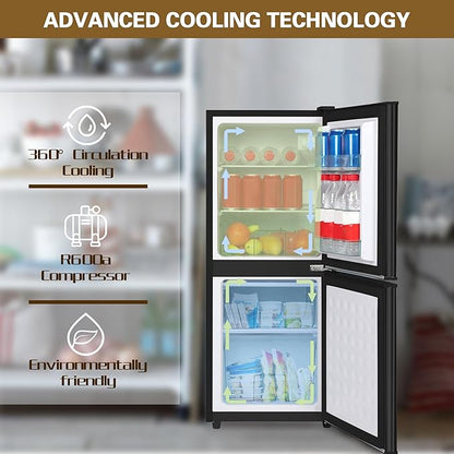 Dorm Size Fridge with Freezer 4.3 Cu. Ft., 2-Door Small Refrigerator with Bottom Freezer, 7-Level Thermostat Control, Low Noise Mini Fridge for Apartment, Office, Kitchen, Black