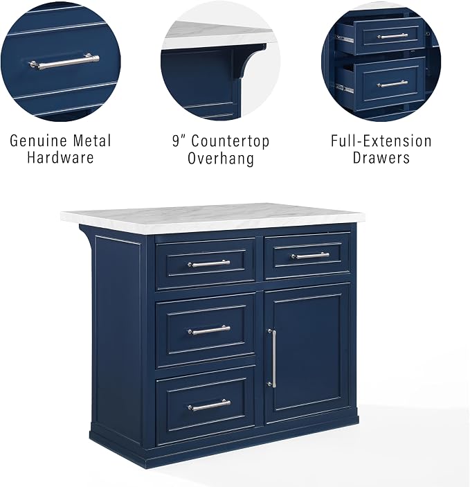 Crosley Furniture Cutler Faux Marble Top Kitchen Island with Storage, Breakfast Bar, Microwave Stand, Navy