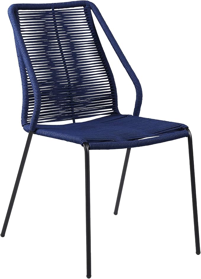 armen LIVING Clip Modern Indoor Outdoor Patio Stackable Steel Dining Chair with Blue Rope - Set of 2