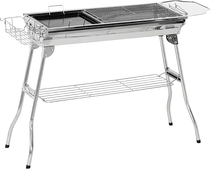 Charcoal Grill, Stainless Steel Portable Folding BBQ, Outdoor Hibachi for Backyard Cooking, Camping, Picnic, Party, Tailgating and Travel with Pan, Grill Rack, Shelves, and Hooks