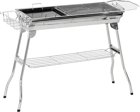 Charcoal Grill, Stainless Steel Portable Folding BBQ, Outdoor Hibachi for Backyard Cooking, Camping, Picnic, Party, Tailgating and Travel with Pan, Grill Rack, Shelves, and Hooks