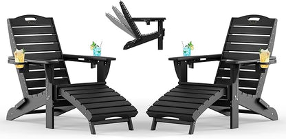 Adjustable Adirondack Chairs Set of 2 with Retractable Ottoman, HDPE Folding Adirondack Chair with Cup Holders, Weather Resistant for Backyard, Poolside & Fire Pit (Black)