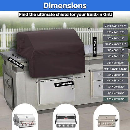 Covers & All Built-in Grill Cover for Outdoor Grill – Heavy Duty 18 oz Waterproof Built-in BBQ Grill Cover, PVC-Coated Polyester with Elastic Hem for Snug Fit (57 x 27 x 26 inches, Coffee)