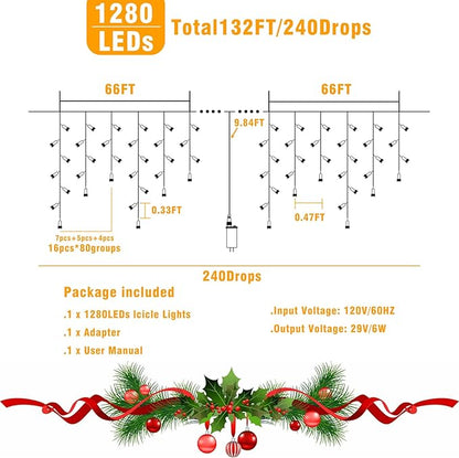 132ft Icicle Lights for Outside, Red and White Christmas Lights Outdoor Indoor, 1280 LED Twinkle With 240 Drops Short Curtain for Thanksgiving Room Home Wall Bedroom Window Decoration