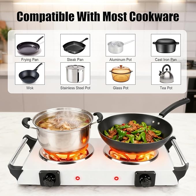 Electric Charcoal Burner Stove, 500W Single Coil Hot Plate Starter with Grill Tongs, 5-Level Temp, Smart Heat Control & Stainless Steel Fast Heating for Cooking top Countertop (4271White)