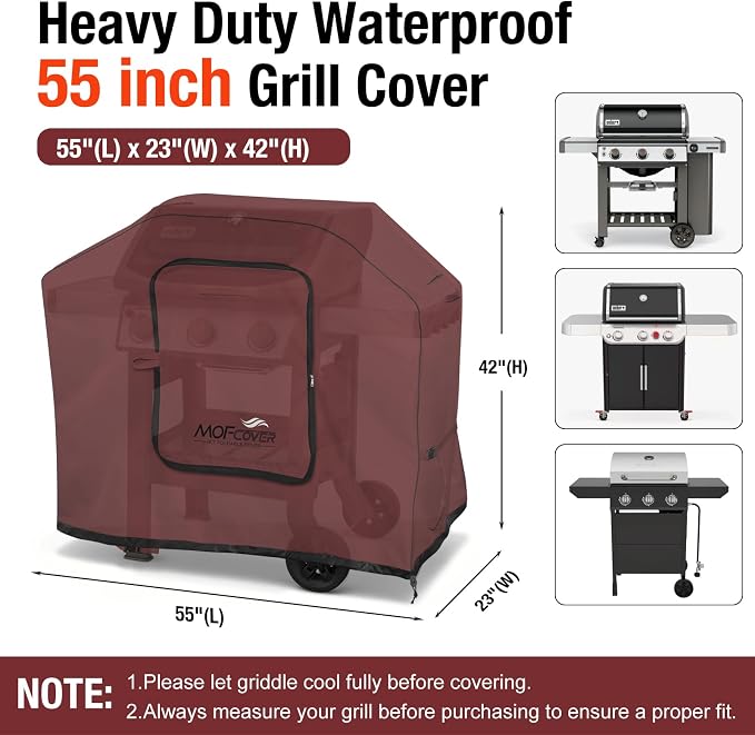 Exclusive Foldable 55 inch Grill Cover, 600D Heavy Duty Outdoor BBQ Cover for 3-4 Burners Grill, Waterproof Fade Resistant Barbecue Cover, Red