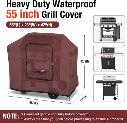 Exclusive Foldable 55 inch Grill Cover, 600D Heavy Duty Outdoor BBQ Cover for 3-4 Burners Grill, Waterproof Fade Resistant Barbecue Cover, Red