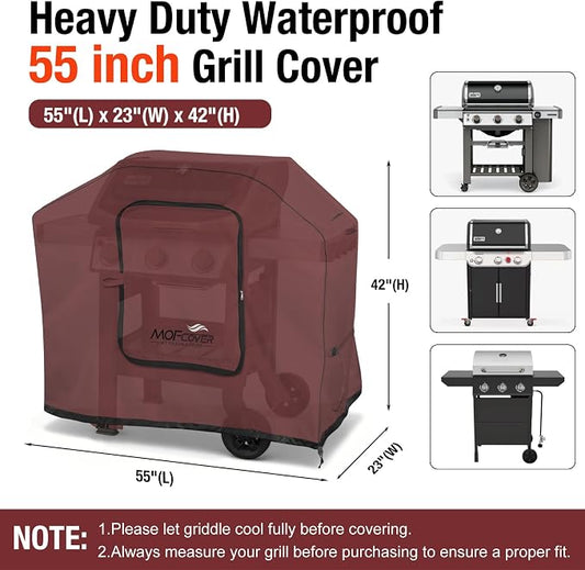 Exclusive Foldable 55 inch Grill Cover, 600D Heavy Duty Outdoor BBQ Cover for 3-4 Burners Grill, Waterproof Fade Resistant Barbecue Cover, Red