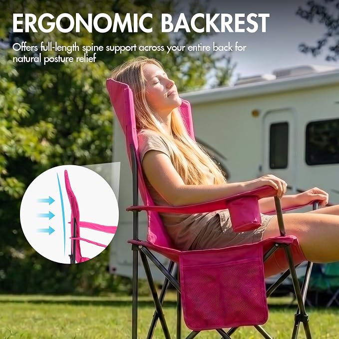 EVER ADVANCED Oversized Camping Chairs, Folding Chairs for Outside Heavy Duty 400LBS Lawn Chairs High Back Camp Chair with Cup Holder for Outdoor, Fishing & Sports, Pink