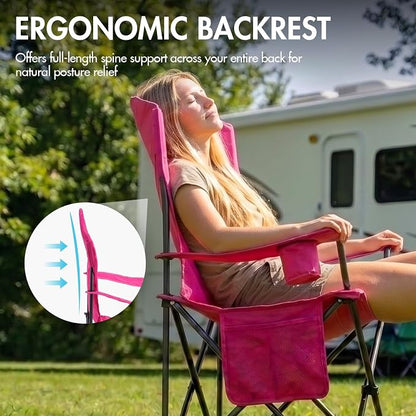 EVER ADVANCED Oversized Camping Chairs, Folding Chairs for Outside Heavy Duty 400LBS Lawn Chairs High Back Camp Chair with Cup Holder for Outdoor, Fishing & Sports, Pink