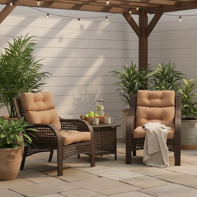 Outdoor Tufted High-Back Chair Cushions, One-Piece Hinged Seat and Back Design, Reversible with 4 Ties, Durable Polyester Fabric, Recycled Fiber Fill - Set of 2, Coronado