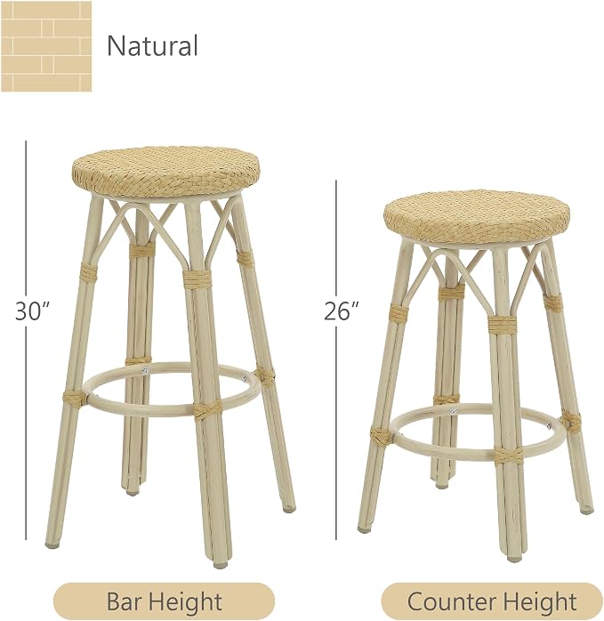 Seadrift Boho 26-inch Aluminum and All-Weather Wicker Barstools with Footrest, Patio Stools & Bar Chairs for Outdoor, Kitchen Counter, Poolside, Yard, Set of 2, Natural
