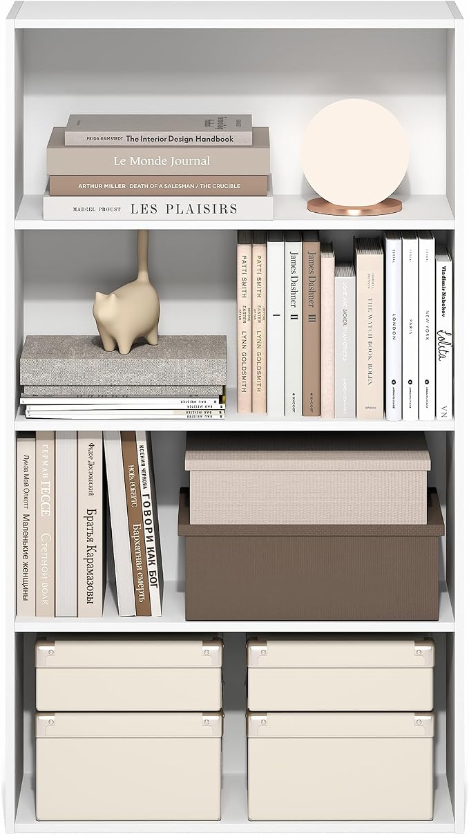 Furinno Jaya Book Shelf, 4-Tier Book Shelf, Bookcase with Open Shelving, Standing Bookshelf, 9.5 x 23.6 x 41.9, for Organization and Storage, for Home Office, Living Room, White