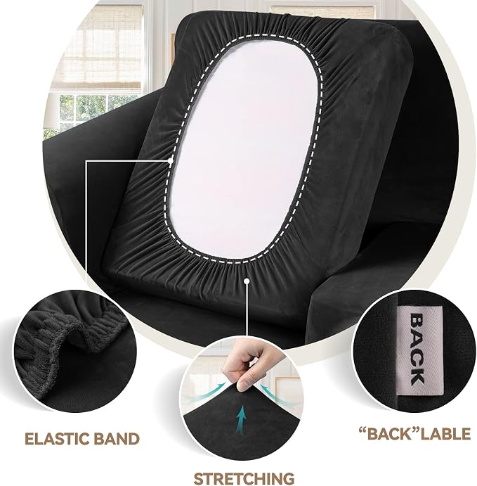 WEERRW 4 Pieces Couch Cover for Sofa Velvet Sofa Covers Washable, Black | Sofa Covers for 3 Cushion Couch Furniture Protector Sofa Slipcovers with Non Slip Elastic Bottom, Pet Friendly, Large
