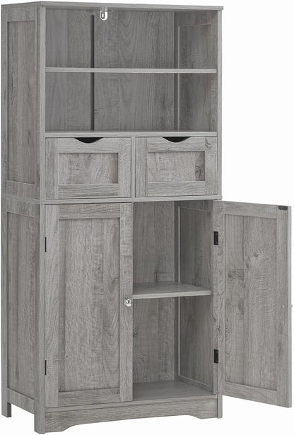 Iwell Storage Cabinet with 2 Drawers & Adjustable Shelf, Tall Bathroom Cabinet with Doors, Cupboard, Kitchen Cabinets for Living Room, Dining Room, Entryway, Grey
