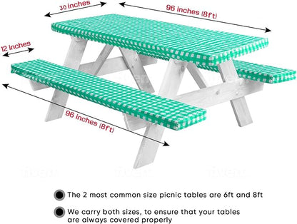 LINPRO 8ft Picnic Table Cover with Bench Covers Vinyl Fitted Picnic Table Covers with Elastic Camping Essentials and Picnic Tablecloth and RV Accessories