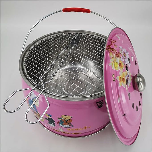 Grill for Outdoor 12.2-inch Round Shape Charcoal Grill Brazier with Handle and Vibrant Color Pattern Outdoor Camping Courtyard Picnic Roast Meat Home BBQ Charcoal Oven Barbecue Grill ( Color : Pink )