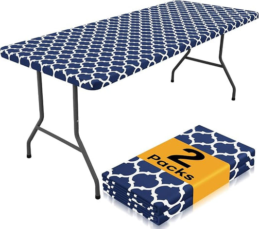 Smiry 2 Pack Rectangle Table Cloth 5 Foot, Waterproof Elastic Fitted Tablecloths, Windproof Washable Polyester Table Cover for Picnic, Camping, Outdoor (Navy, 30"x60")